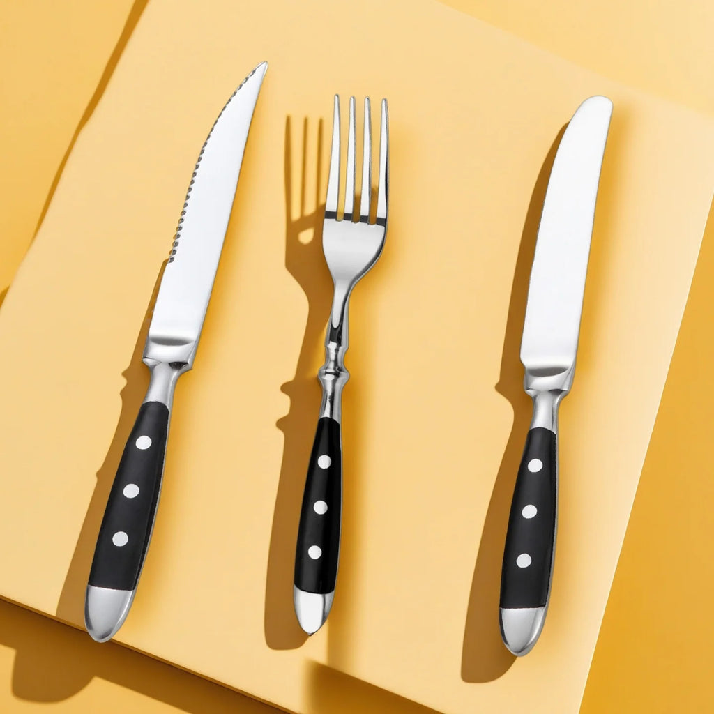 Hotel Stainless Steel Table Knife Fork Spoon Sets Teaspoon Teafork Steak Knife Cutlery Restaurant Serviing Set Black Wood Handle