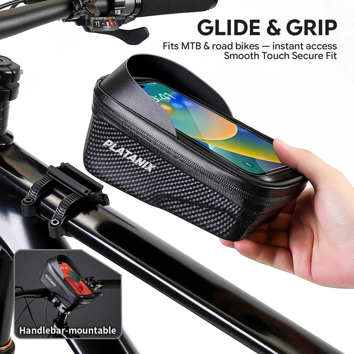 PLATANIX EVA Hard Shell Bike Top Tube Bag Quick Release Waterproof Frame Bag with Touch Screen Phone Case for MTB Road Bicycle