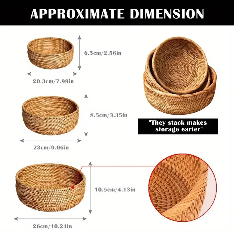Hand-woven Rattan Wicker Basket Storage Box Fruit Tea Snack Bread Basket Cosmetic Desktop Storage Box Household Kitchen Supplies
