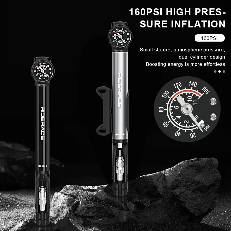 RIDERACE Bicycle Pump With Gauge High-pressure Portable Hand Tire Air Inflator Bike Air Shock Pump Schrader Presta Valve AV FV