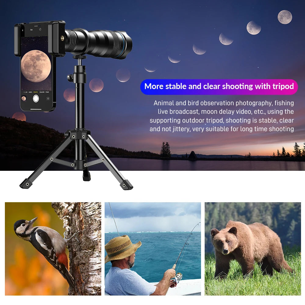 APEXEL 36x telephoto zoom lens with universal clip for iPhone & Samsung, tripod/remote options