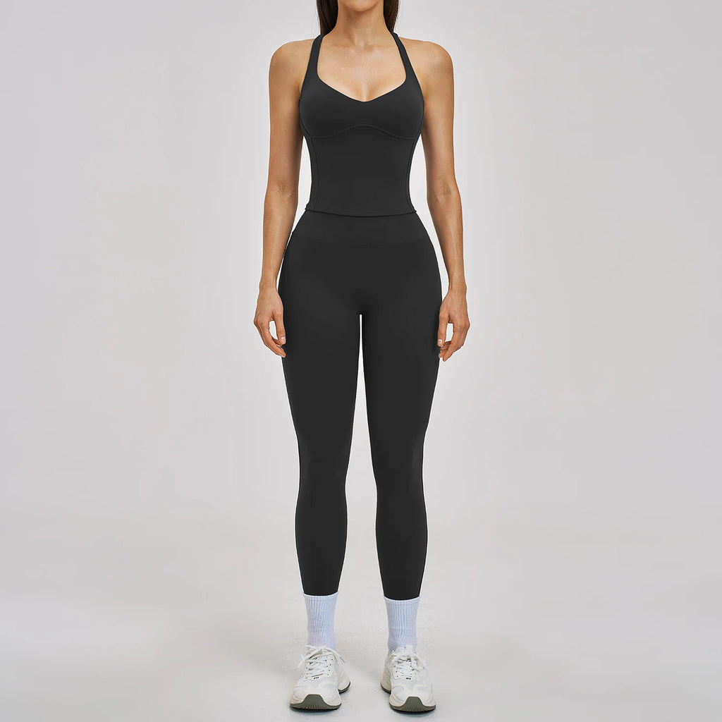 Women's 2pc Yoga Set High Waist Leggings + Top Workout Gym Tracksuit, Black/Blue S-XL