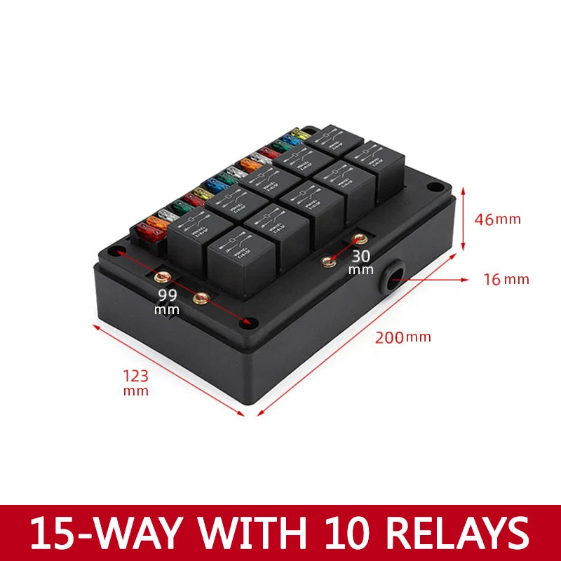 Earu automotive fuse box with relay block assembly, 3-15 way circuit protection (style options)