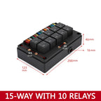 Earu automotive fuse box with relay block assembly, 3-15 way circuit protection (style options)