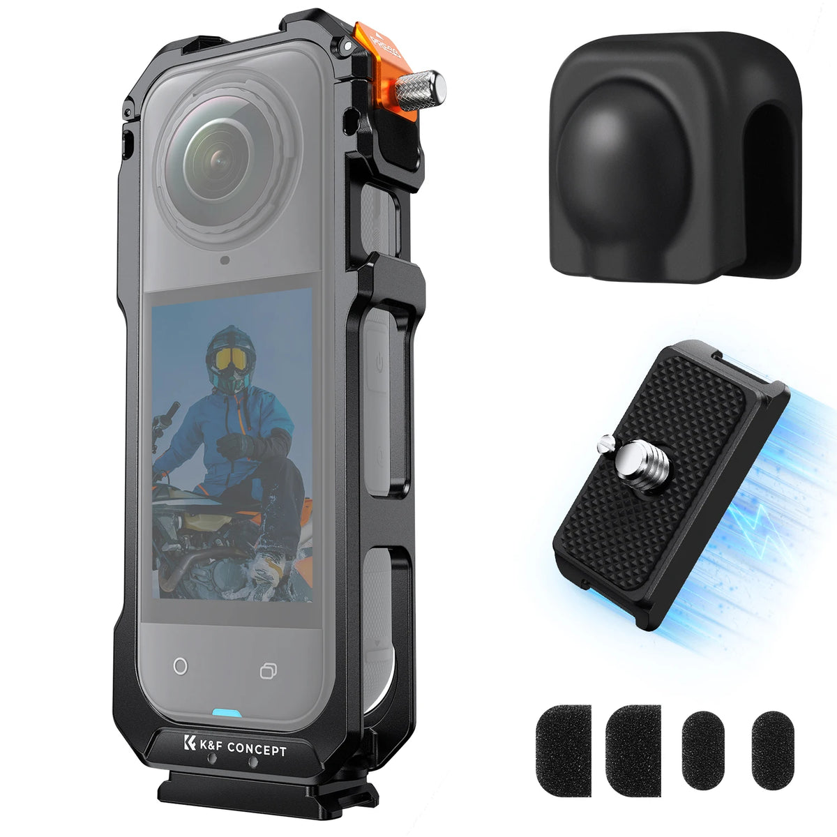 K&F CONCEPT Camera Cage for Insta360 X5 Aluminum Alloy Protective Case with Silicone Lens Cover Frame with 2 Cold Shoe Mounts