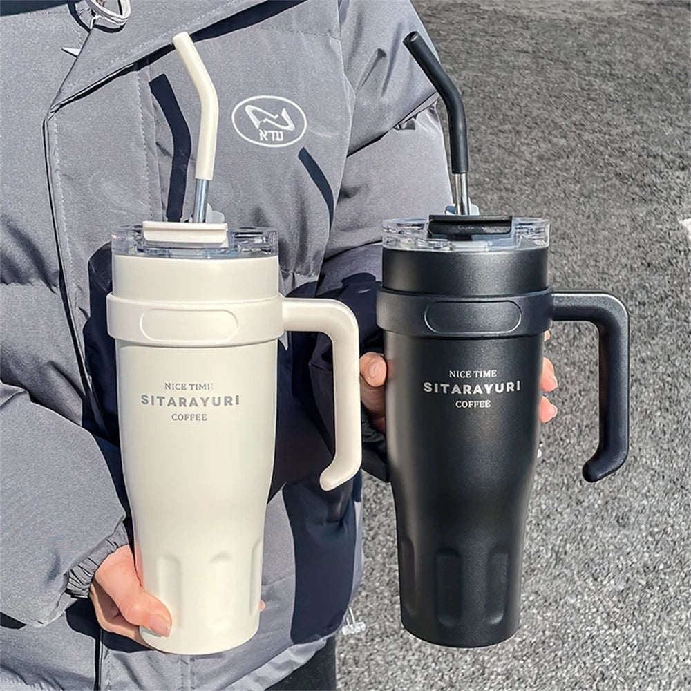 1pc Stainless Steel Ice Tumbler 38.55oz Insulated Cup with Handle & Straw Keeps Cold for 24 Hrs Car Insulation Cup Coffee Water