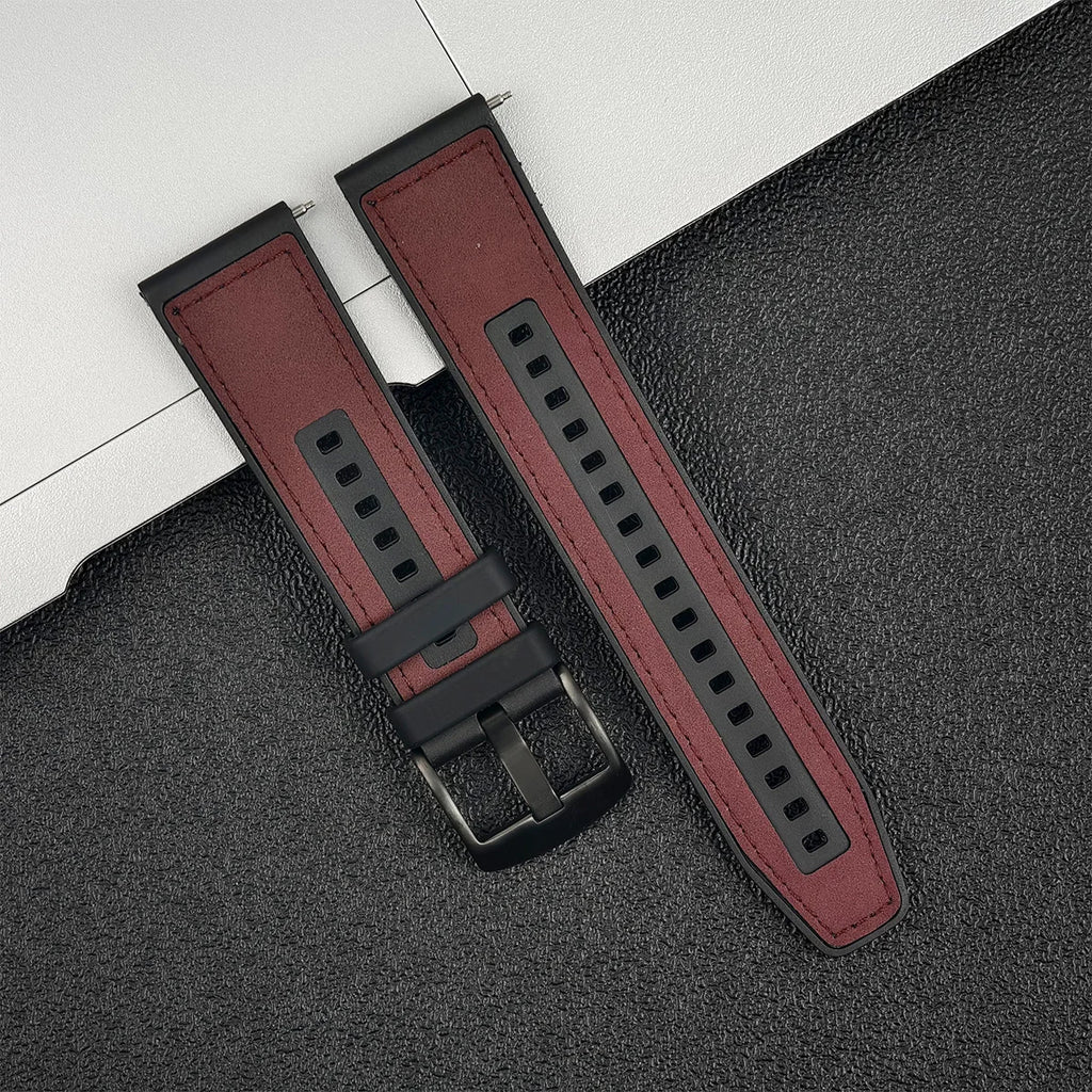 22mm Leather Silicone Watch Band Replacement Strap, Black/White, for Galaxy Watch 3 45mm