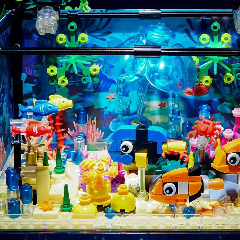 Fishbowl Aquarium Series Building Blocks Sea Turtle Jellyfish Fish Tank With Light Seafloor Assemble Bricks Toy For Children Kid