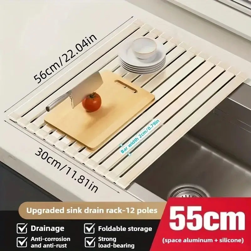 Foldable Roll-Up Dish Drying Rack Over Sink, Heat Resistant, Grey/White 45cm or 55cm