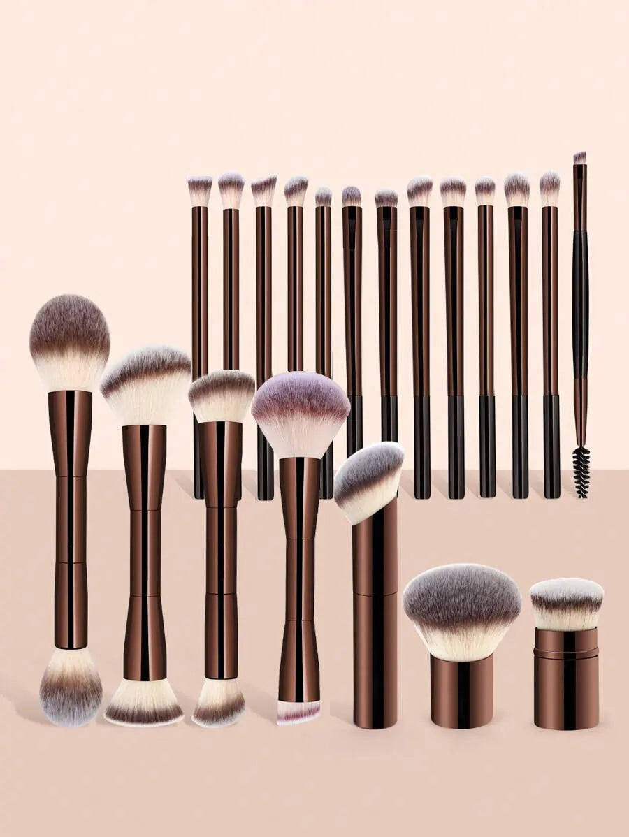 22pcs Professional Makeup Tools Set With Velvet Bag,20pcs Soft Long Aluminum Tube Makeup Brush Set+2pcs Powder Puffs Accessories