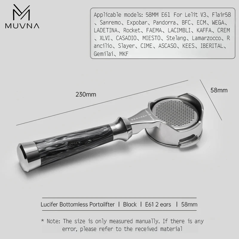 MUVNA Espresso Bottomless Portailfter Lucifer Series, Naked Portafilter with Basket Fits E61/Nuova/Delonghi/Breville Machines