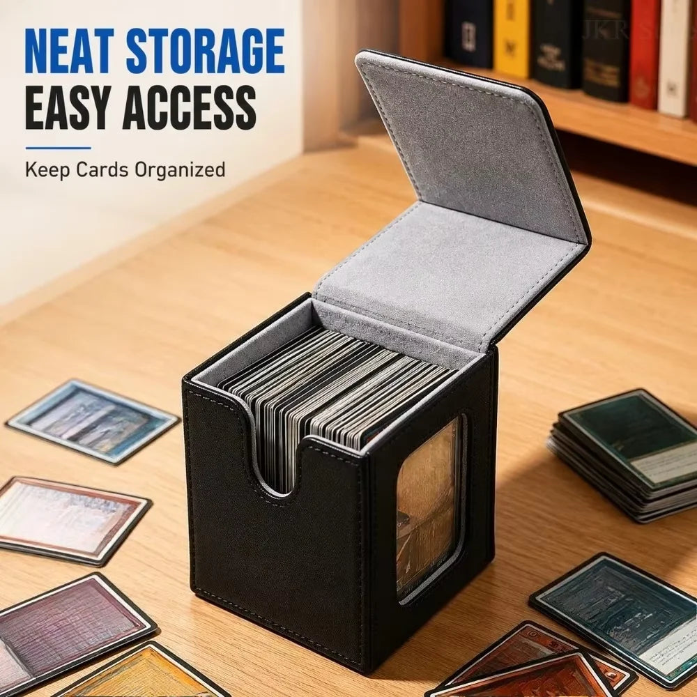 Trading Card Storage Box PU Leather Magnetic Lid with Window, Moisture Resistant Deck Case