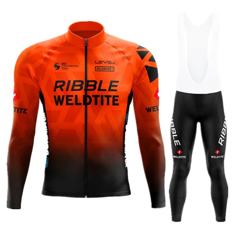 2026 Spring Cycling Jersey Set Ropa Ciclismo Orange Bicycle MTB Clothing Road Bike Suit Men Long Sleeve Bicicleta Bib Pants Set