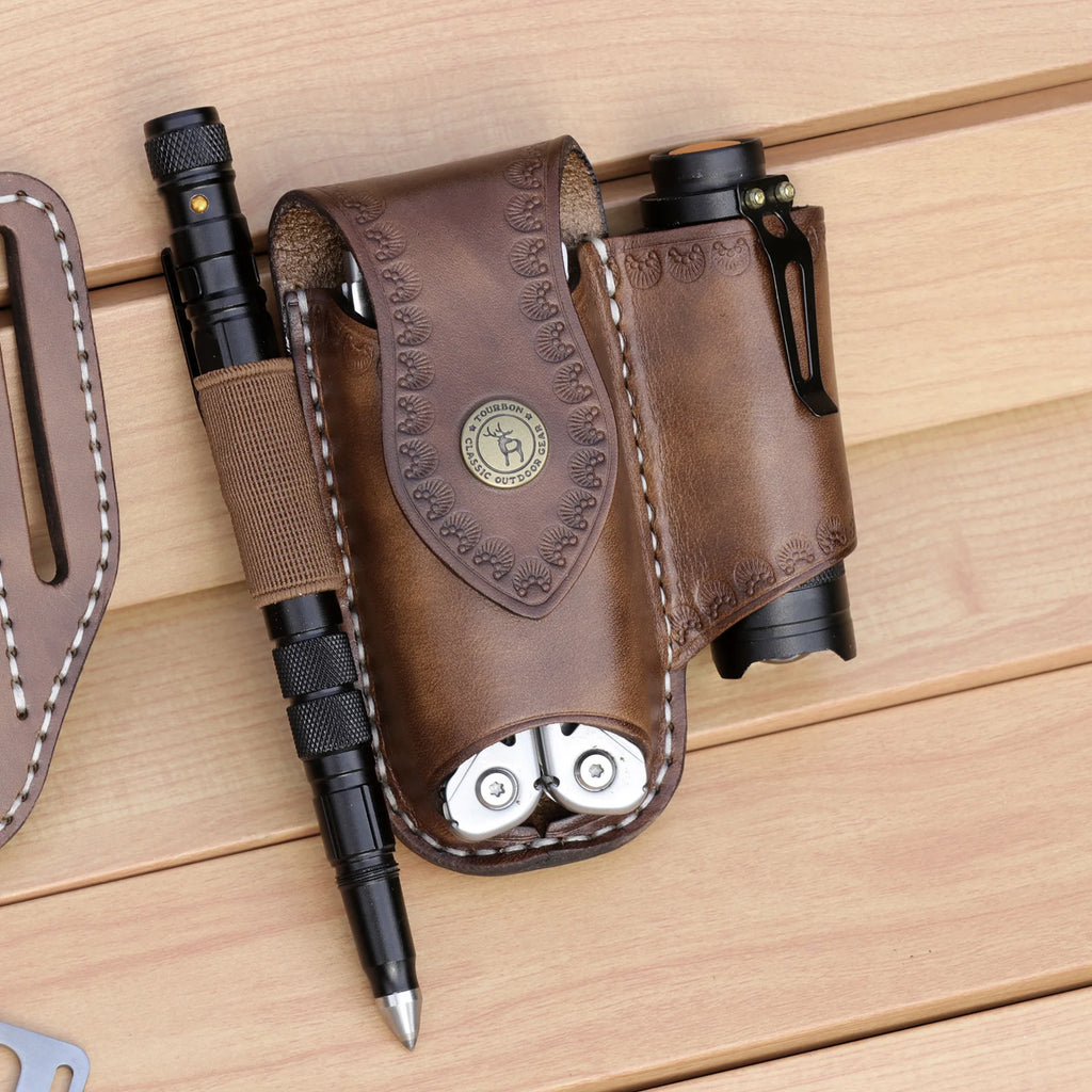 Tourbon Heavy Duty Leather EDC Pocket Multitool Sheath Clip-on Belt Solid EDC  Tool Pouch Case Brown
