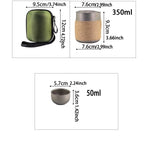 Titanium-plated stainless steel portable travel tea set, including teapot and double-walled tea cups, lightweight outdoor campi