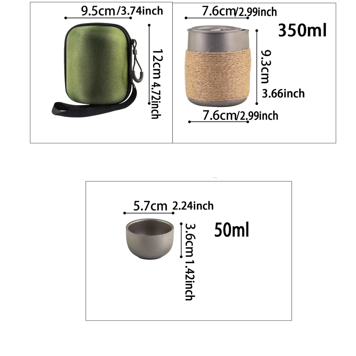 Titanium-plated stainless steel portable travel tea set, including teapot and double-walled tea cups, lightweight outdoor campi