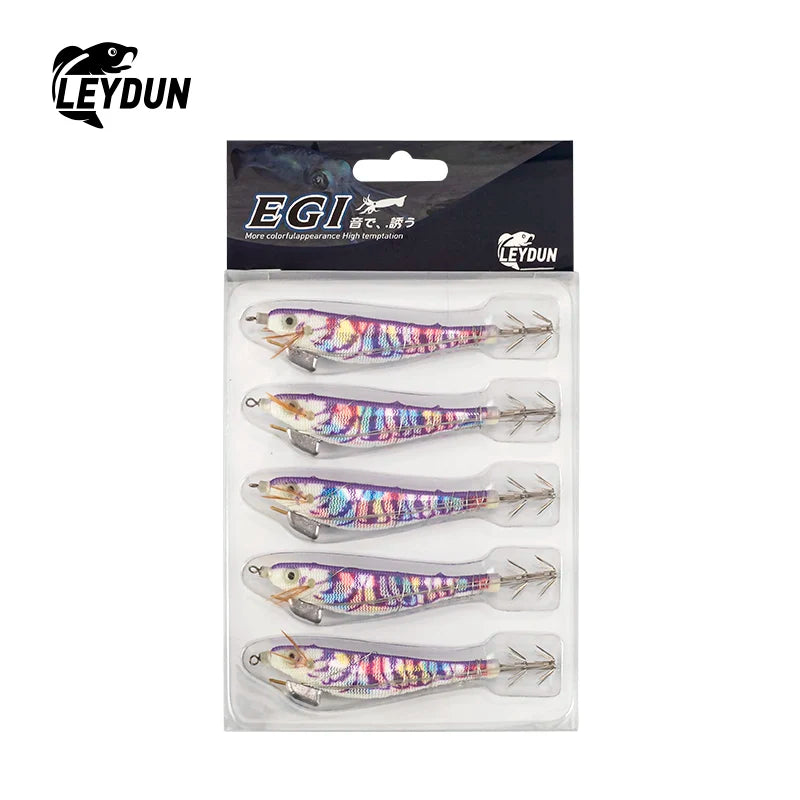 LEYDUN Luminous Squid Jig Wood Shrimp Egi Purple Deep Sea Cuttlefish Hanchi Egi 5pcs/set Fishing Lures Saltwater Baits