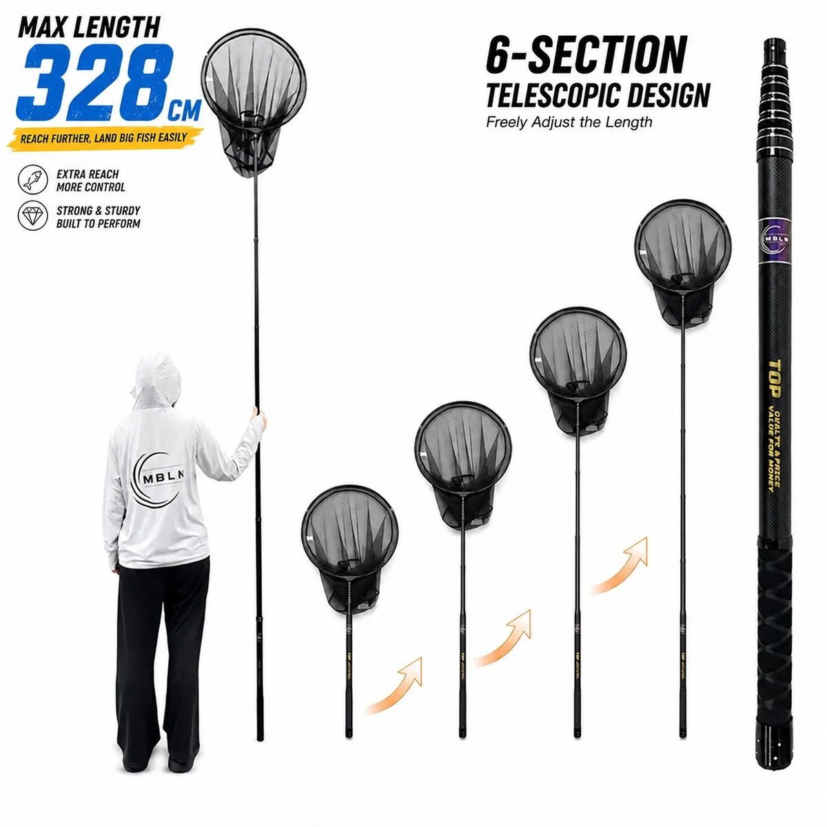 MBLN Brand,328cm/129inch Total Length,Ultralight Total 414g,Portable Landing Net,Carbon Net Handle,Aluminum Alloy net head