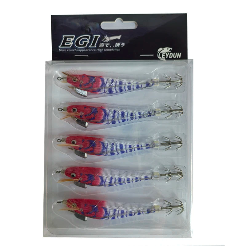 LEYDUN Luminous Squid Jig Wood Shrimp Egi Purple Deep Sea Cuttlefish Hanchi Egi 5pcs/set Fishing Lures Saltwater Baits