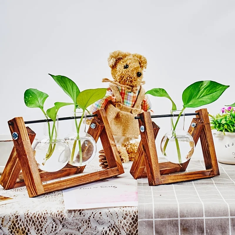 1pc, Tabletop Glass Planter Propagation Station Hydroponic Plant Vases In Wooden Rack Terrarium For Plants, Clear Flower Pot For