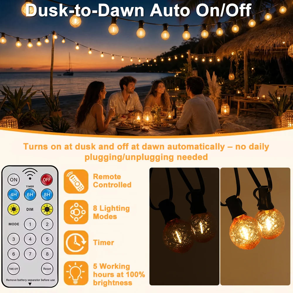 Grensk Solar String Lights with Remote, Dimmable G40 LED Diamond Bulbs, IP44 Outdoor