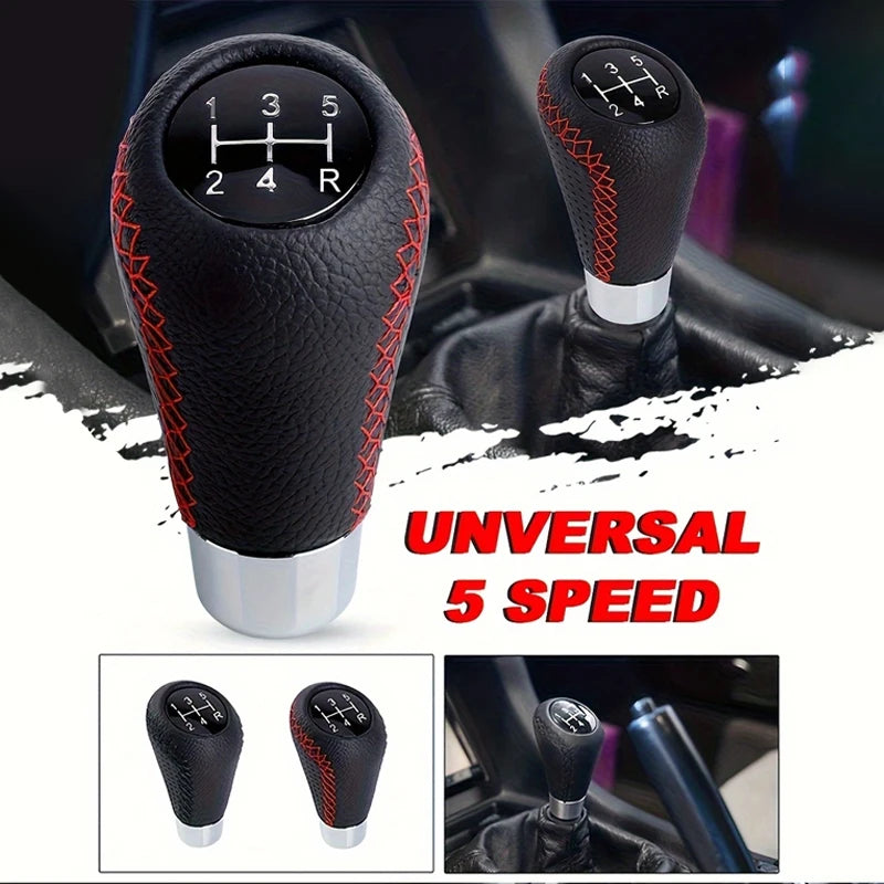 Universal 5-Speed Manual Leather Gear Shift Knob Red Stitch, M8 M10 M12 Adapters