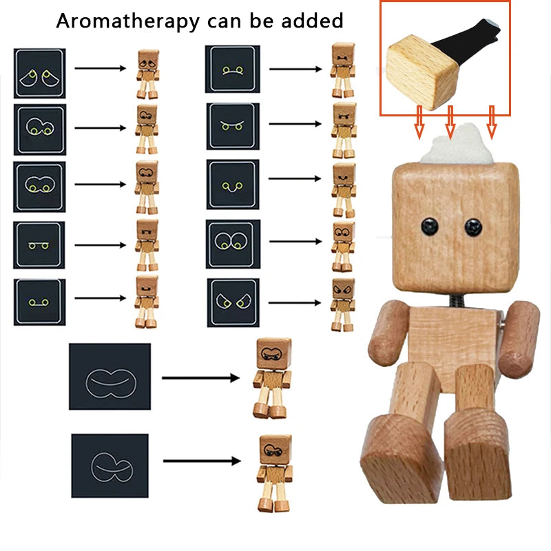 Cute Car Shaking Wooden Man Figurine Interior Wood Ornaments with 12 Magnetic Expressions Handmade Wooden Wiggle Ornament Gift