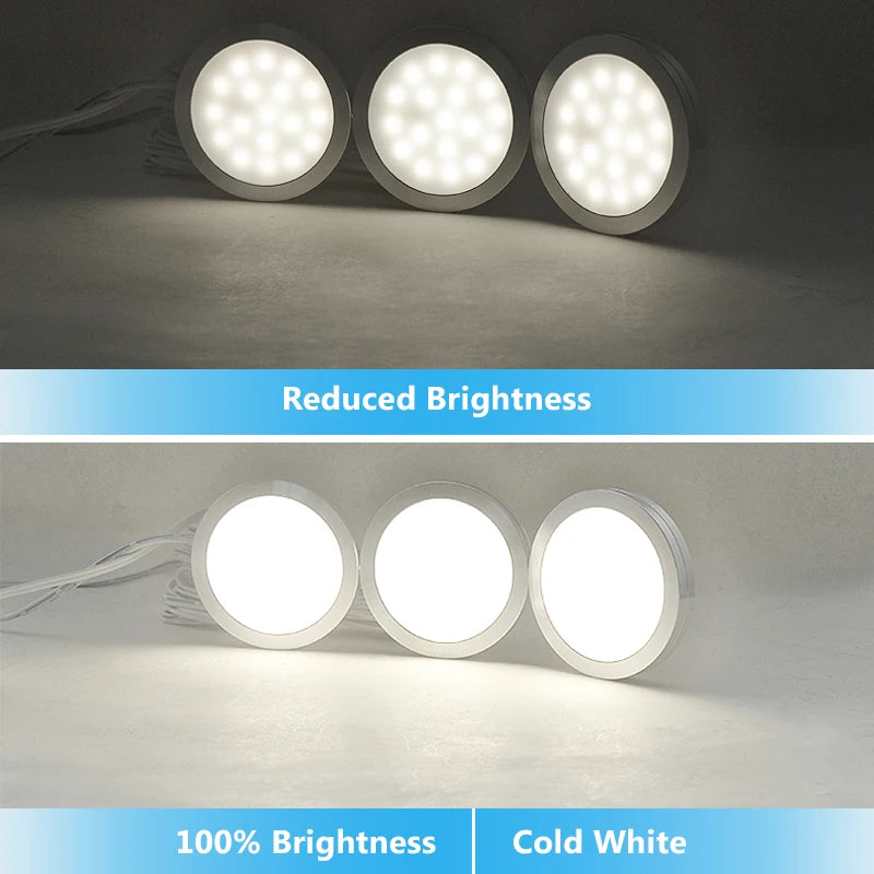 LED Under Cabinet Puck Lights DC12V Touch Dimmable Round 3W/5W Warm/Natural/Cool White Set