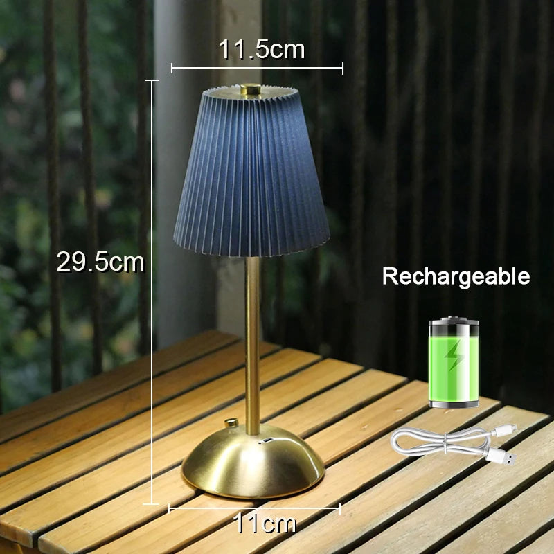 Small Pleated Table Lamp USB Rechargeable Nightstand Lamp Cordless Desk Lamp for Bedroom Living Room Home Office Decor