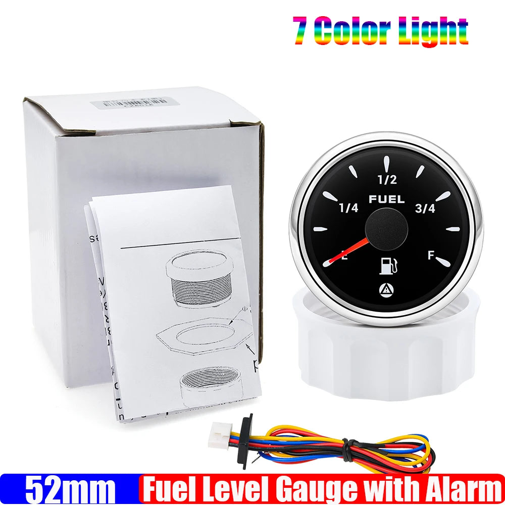 2"52mm Fuel Level Gauge with Flashing Alarm 0-190ohm 240-33ohm 10-180ohm 0-90ohm Oil Tank Meter 7 Color Backlight for Car Boat
