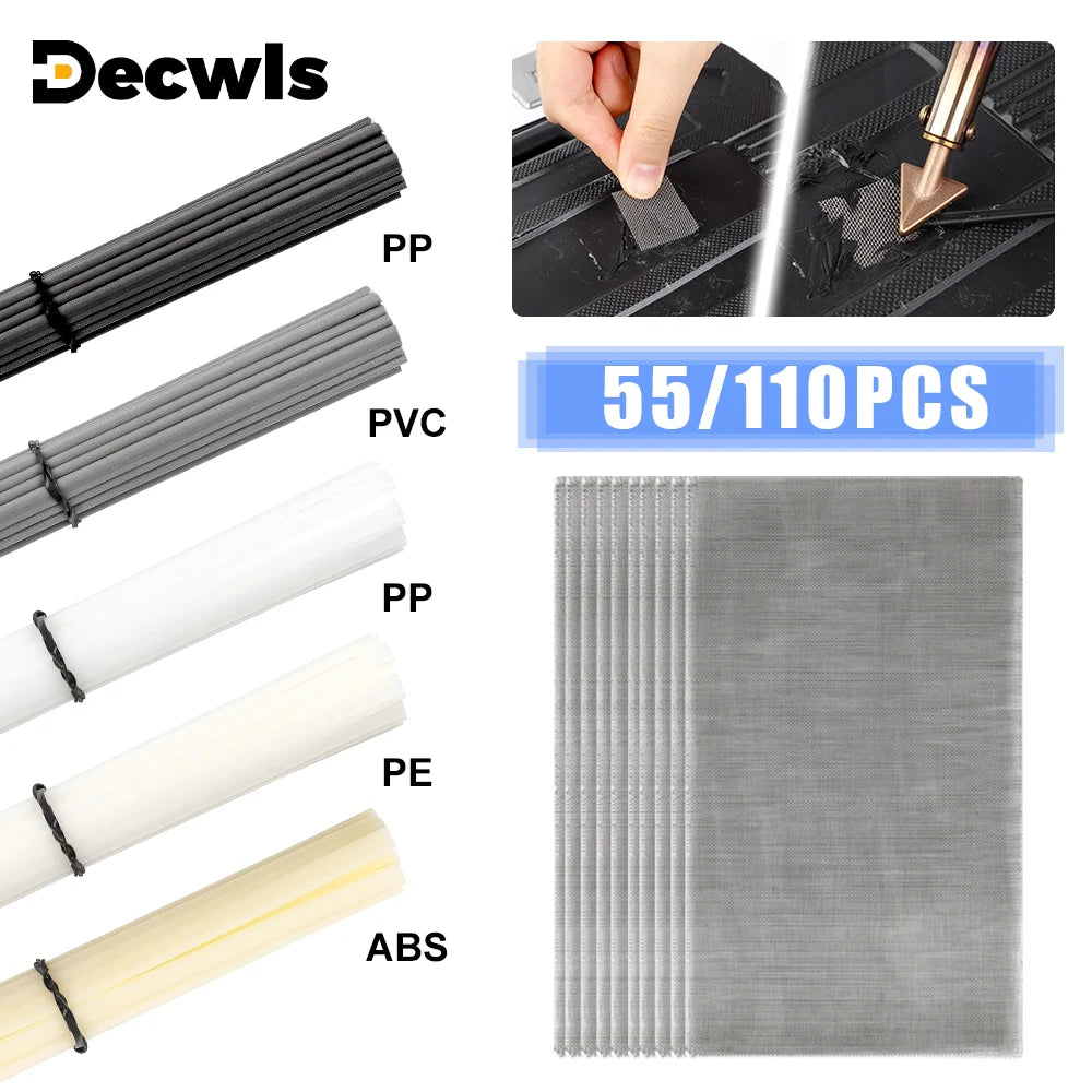 55/110Pcs Plastic Welding Kit, ABS PP PVC PE Plastic Welding Rods,304 Stainless Steel Welding Repair Mesh,Car Bumper Repair Tool