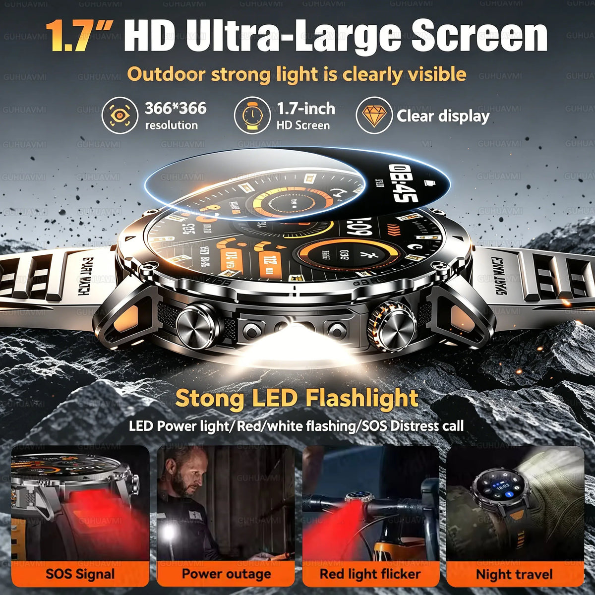 1.7in Sports Smartwatch 1400mAh Battery Bluetooth Call SOS Flashlight Waterproof, Black