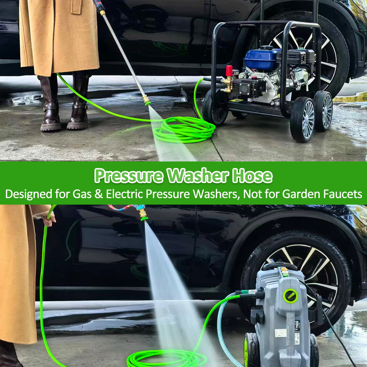 Soft Flexible High Pressure Washer Water Hose with M22-14/ 15mm Brass Fitting 1/4" x 10M & 200Bar, Kink Resistant Extension Hose