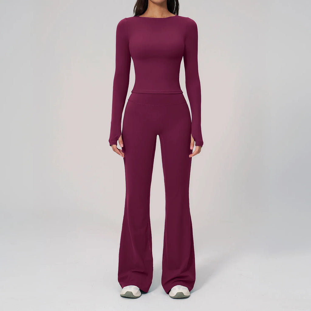 2PCS Women Tracksuits Yoga Suit Sport Outfits Gym Clothes Breathable Long Sleeve Flared Pants Athletic Wear Female Yoga Clothing