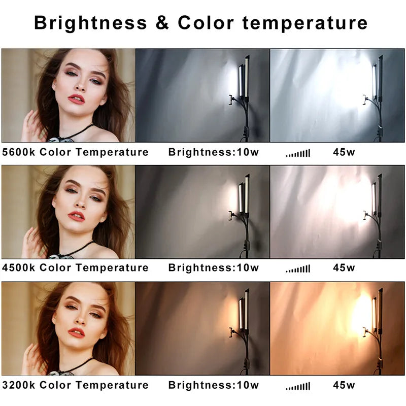 Double Arm LED Fill Light with LCD, 3200-5600K Photo Studio Selfie Lamp, Tripod Options