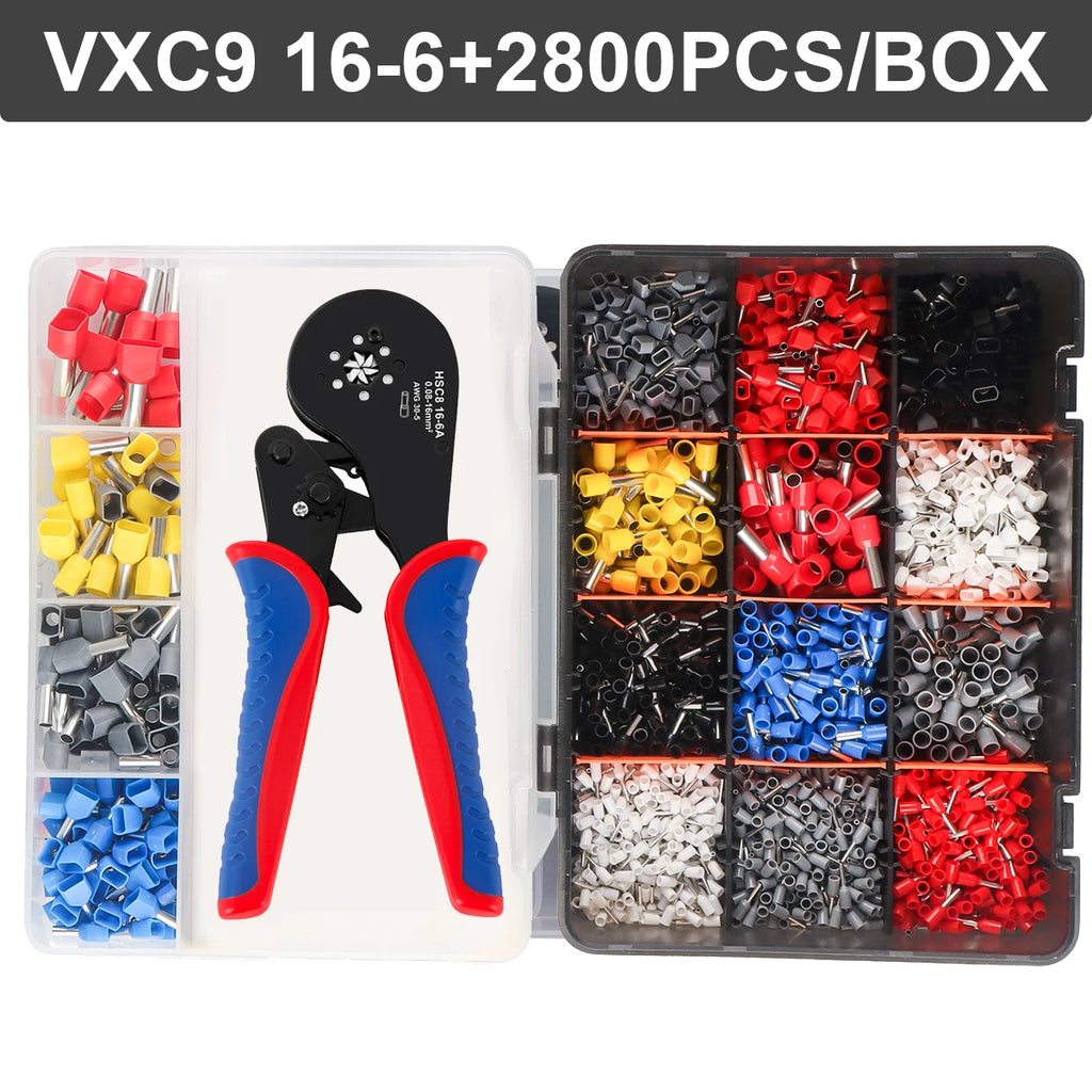 Tubular terminal crimping tool set small pliers VXC9 16-6N 2800pcs terminal precision electrical fixture kit 0.08-16mm²/ 28-5AWG