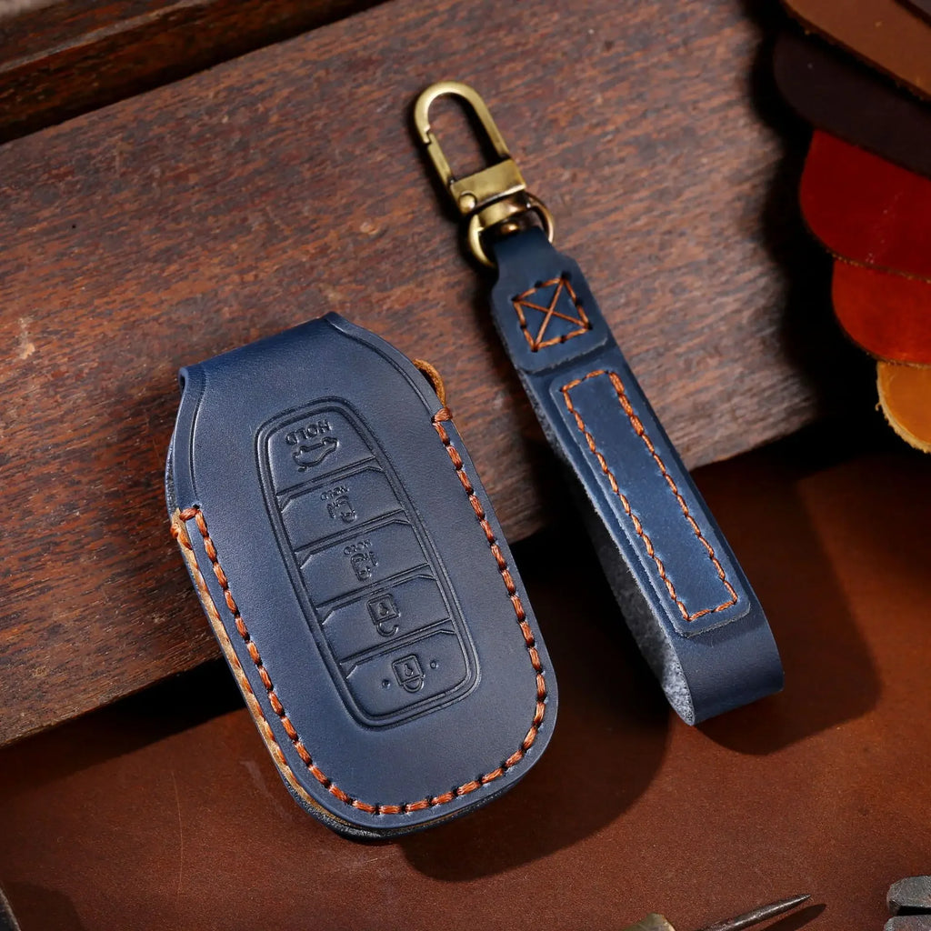 Leather car key fob cover case for Hyundai i30 Kona Elantra Santa Fe, black/blue/brown