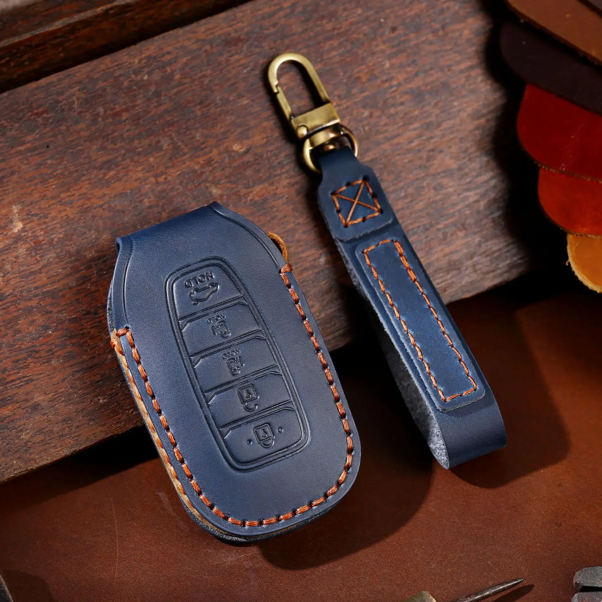 Leather car key fob cover case for Hyundai i30 Kona Elantra Santa Fe, black/blue/brown