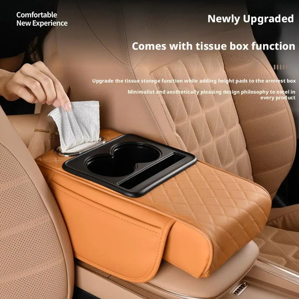 Car Armrest Box Multifunctional Thicken Height Pad Arm Rest Cushion with Pocket Tissue Cup Holder PU Elbow Support Height Pad