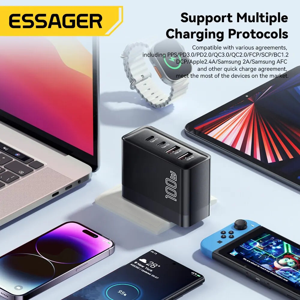 Essager 100W GaN USB-C Charger PD QC 4.0/3.0 Fast Charging, US Plug Black