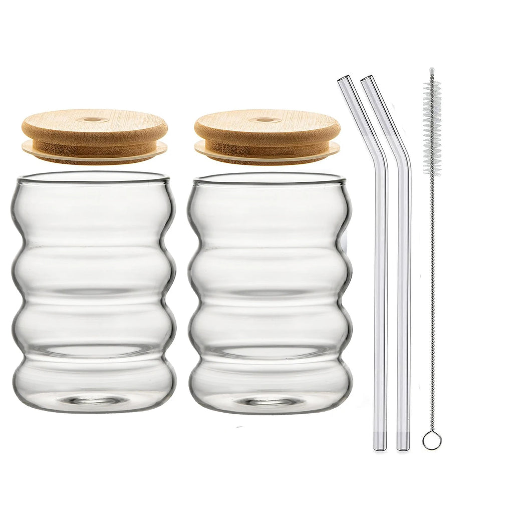 YWD 1/2/4PCS Glass Cup with Lid Straw Heat-resistant Wave Cup Beer Juice Ice Coffee Cups Cocktail Fruit Glass Drinkware