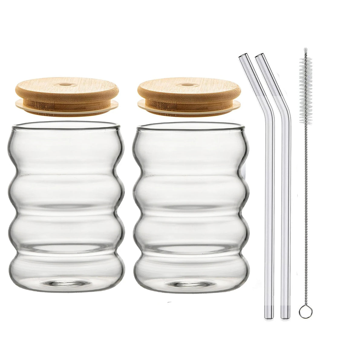 YWD 1/2/4PCS Glass Cup with Lid Straw Heat-resistant Wave Cup Beer Juice Ice Coffee Cups Cocktail Fruit Glass Drinkware