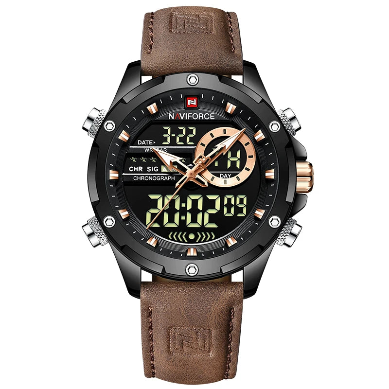NAVIFORCE Men's Digital Quartz Sport Watch LED Waterproof Wristwatch, Gold Black