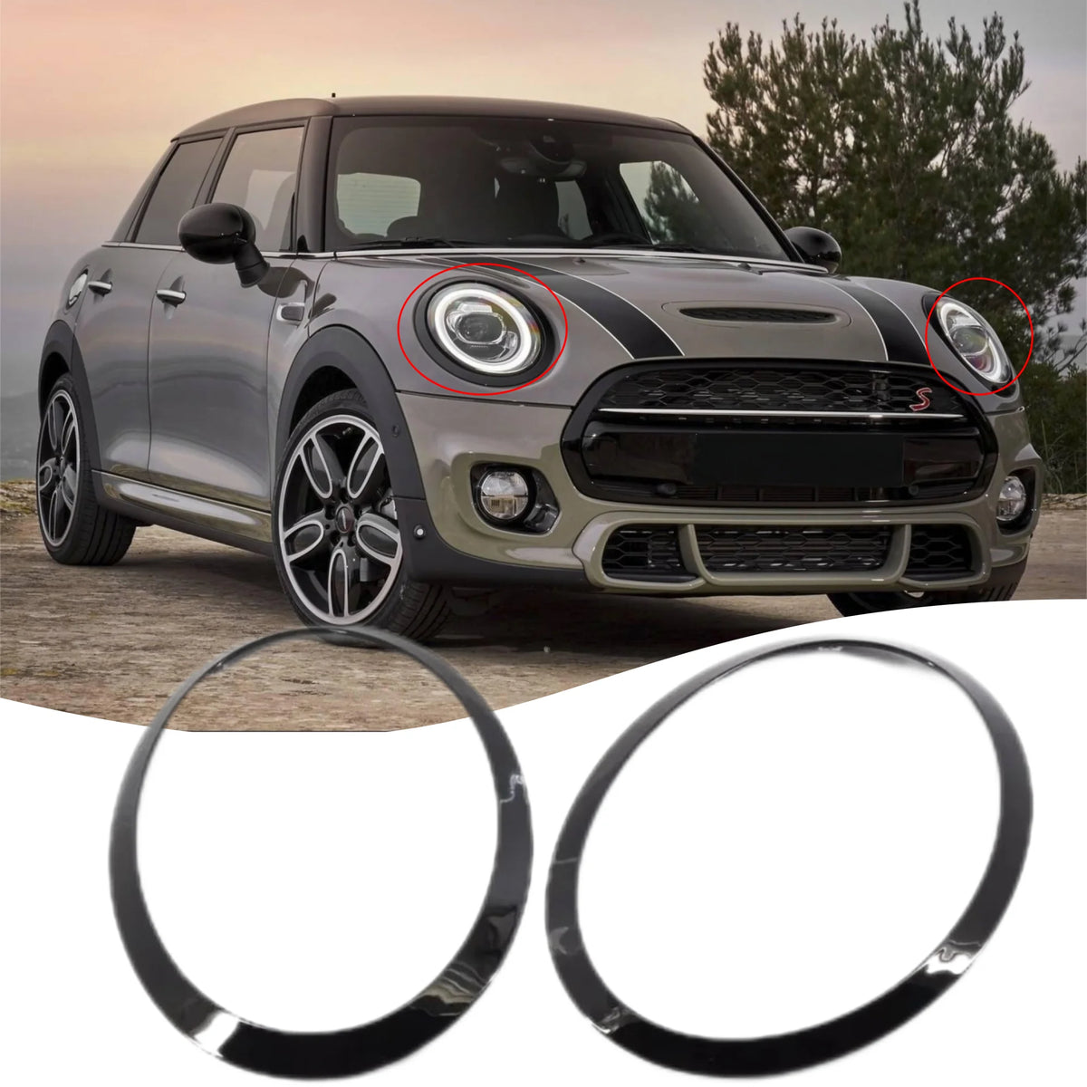 Headlamp Bezel Tail Light Trim Ring Glossy Black for Mini Cooper F55 F56 F57 with Installation Tool