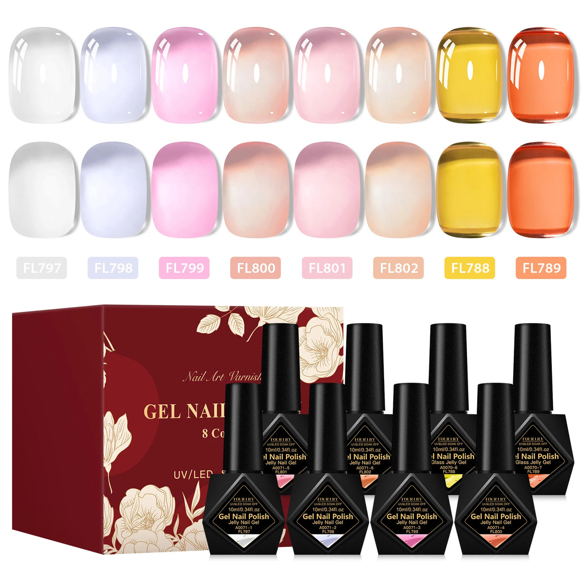 Jelly Gel Nail Polish Set 8pcs x 10ml Semi-Transparent Red Purple UV/LED Soak Off