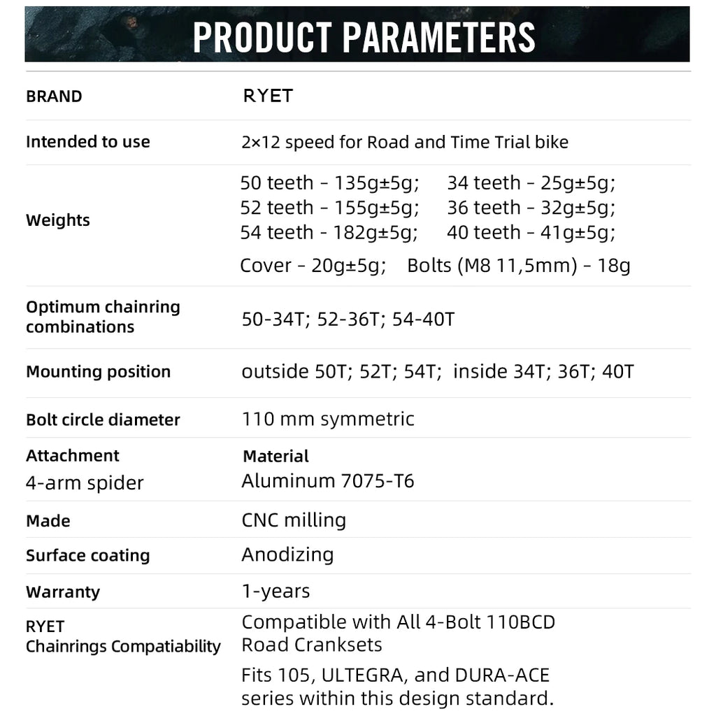 RYET Aero Road Bike Chainring 50-34T 52-36T 54-40T for Shimno Dura-Ace R9200 Ultegra R8100 105 R7100 12s 2x Groupsets Parts