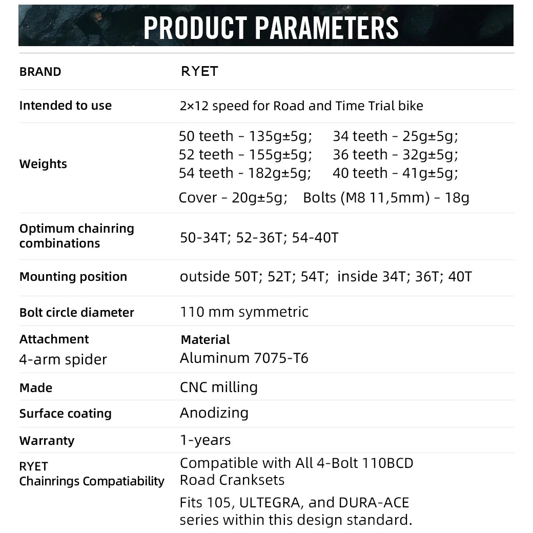 RYET Aero Road Bike Chainring 50-34T 52-36T 54-40T for Shimno Dura-Ace R9200 Ultegra R8100 105 R7100 12s 2x Groupsets Parts