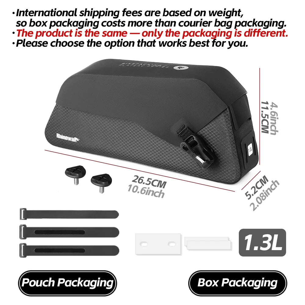 Rhinowalk Bicycle Top Tube Bag Waterproof Bike Front Frame Storage Bag Screw & Strap fixed Cycling Travel For MTB Road Gravel