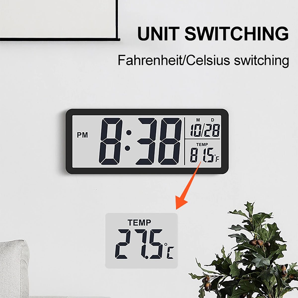 Digital Wall Clock Electronic Wall Mounted LCD Disply Clocks Multifunctional Temperature and Time Week Display Battery Powered