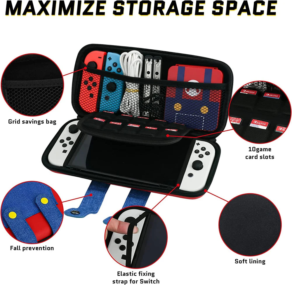 EVA Storage Switch Case Compatible with Nintendo Switch/OLED Cute Portable Switch Carrying Case with 10 Game Holders for Mario